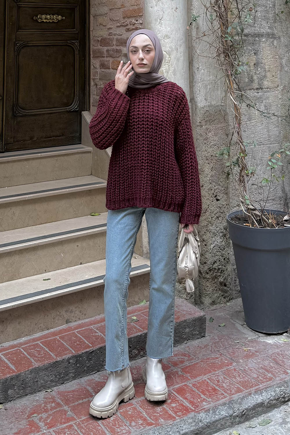 Lamelif Örgülü Kalın Kazak Bordo