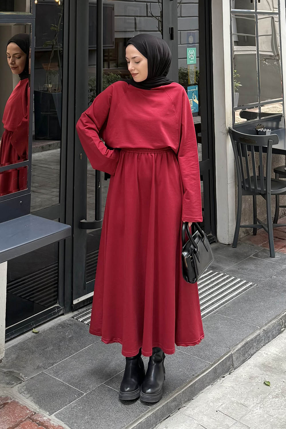 Lamelif Yarasa Kol Etekli Tesettür Takım Kırmızı