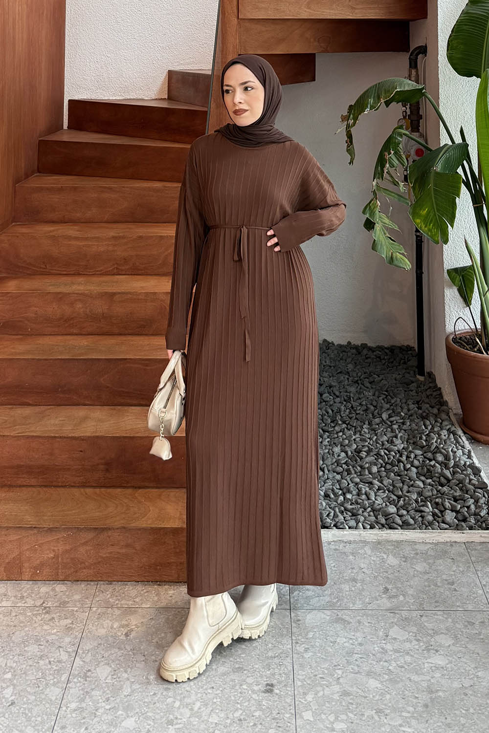 Bitter Brown Crew Neck Knitwear Dresess