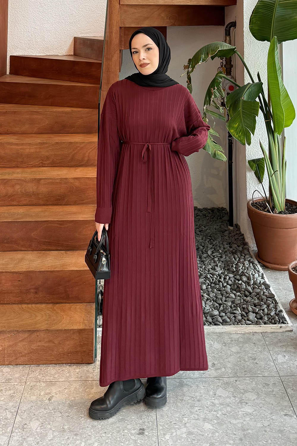 Claret Red Crew Neck Knitwear Dresess