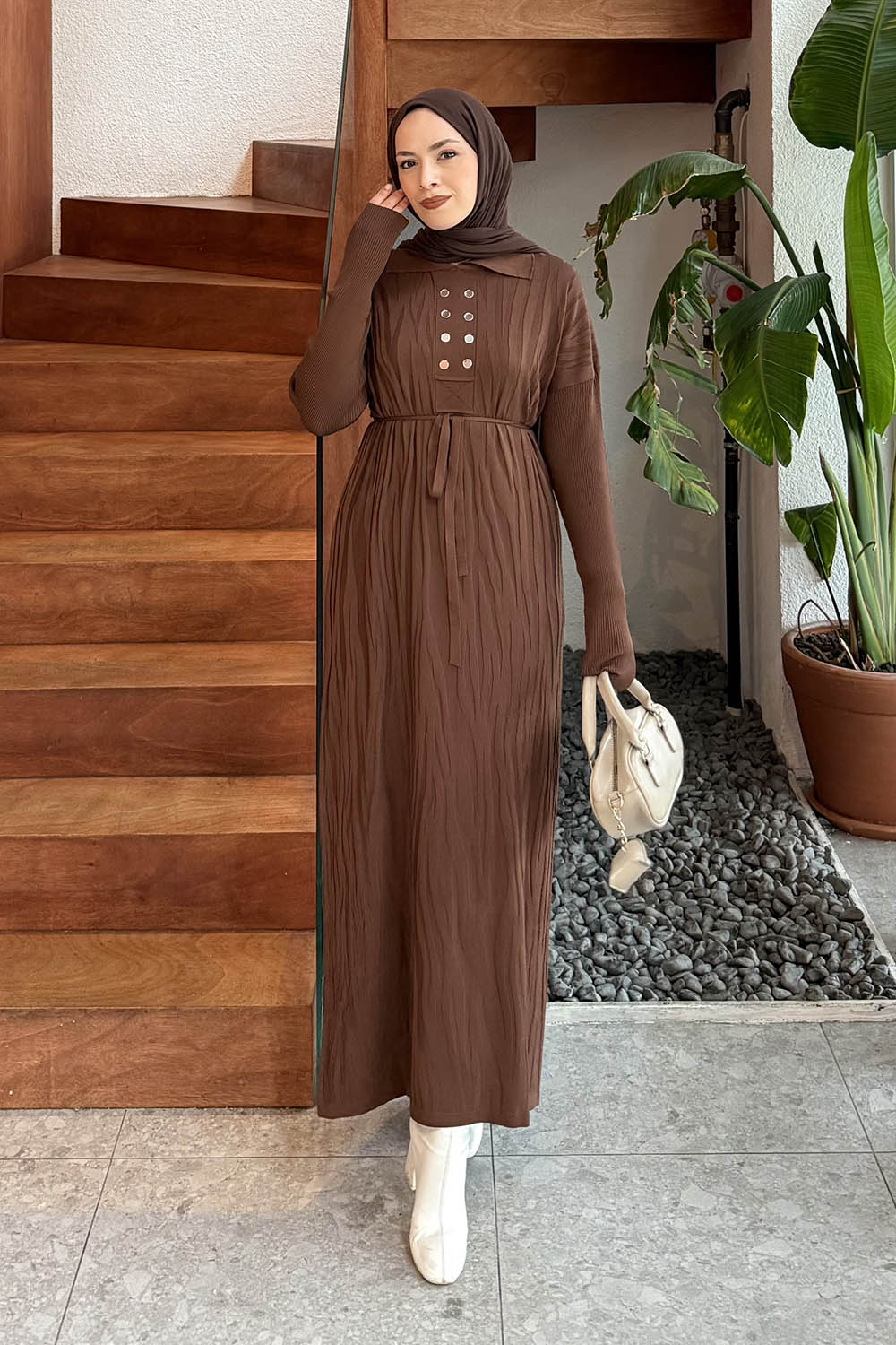 Lamelif Düğme Detaylı Desenli Elbise Acı Kahve