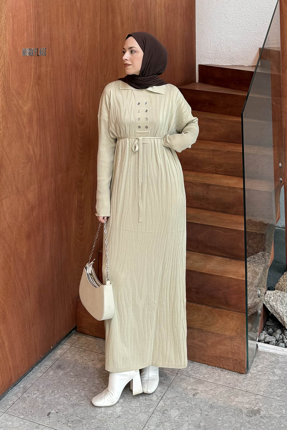 Lamelif Düğme Detaylı Desenli Elbise Bej