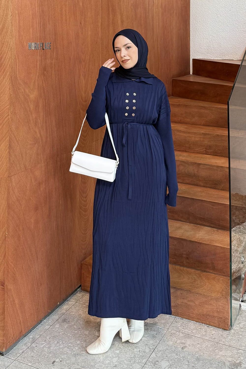 Lamelif Düğme Detaylı Desenli Elbise Lacivert