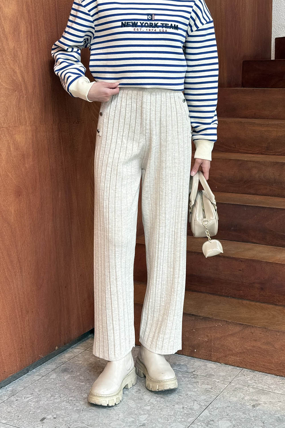 Beige Acrylic Knitwear Elastic Waist Pants