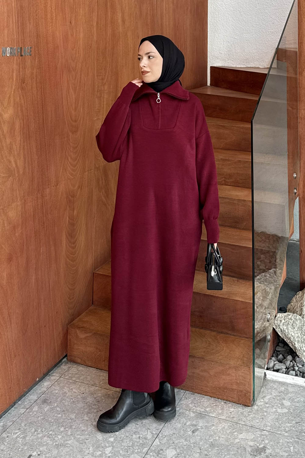 Lamelif Fermuar Detaylı Triko Elbise Bordo