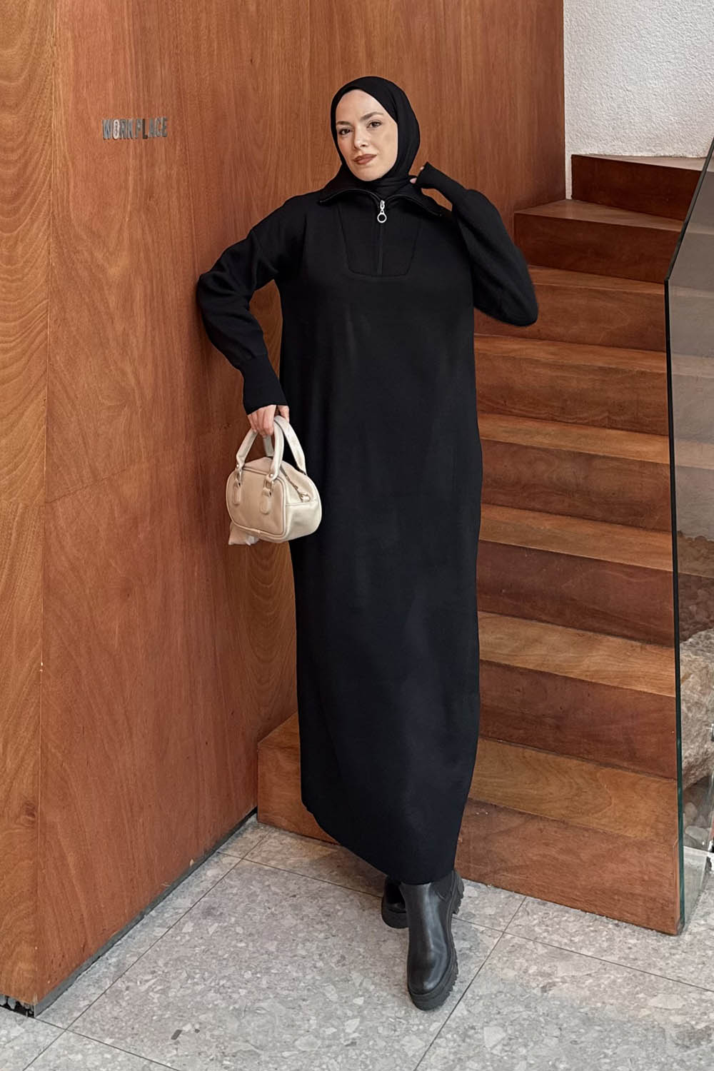 Lamelif Fermuar Detaylı Triko Elbise Siyah