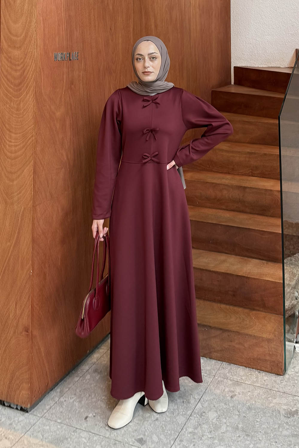 Lamelif Kurdela Detaylı Scuba Elbise Bordo