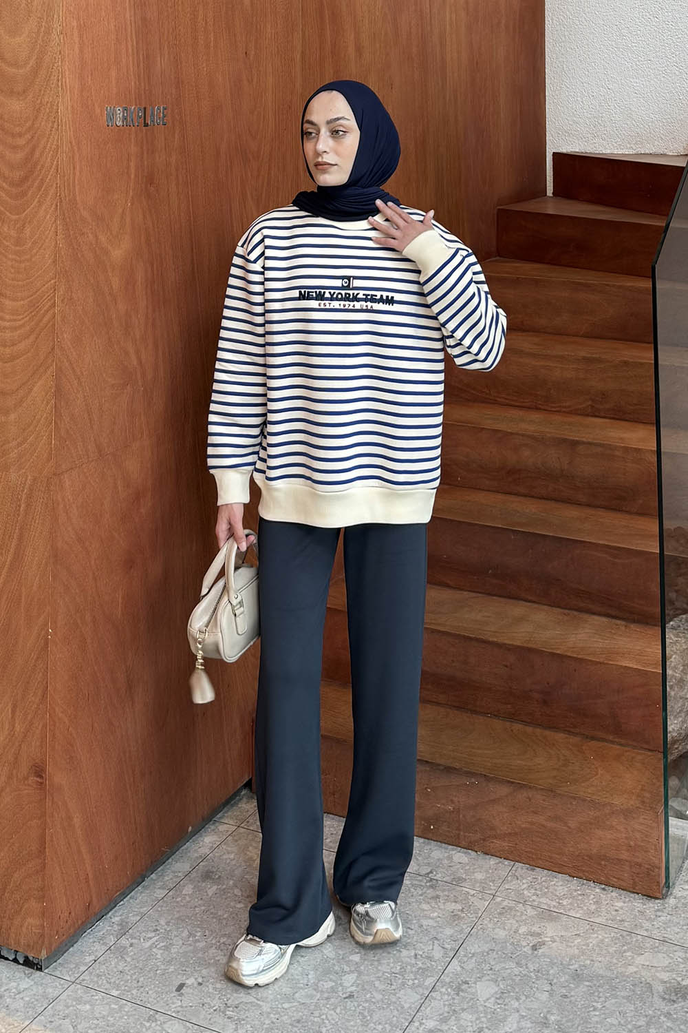 Lamelif Nakışlı Çizgili Sweatshirt Lacivert