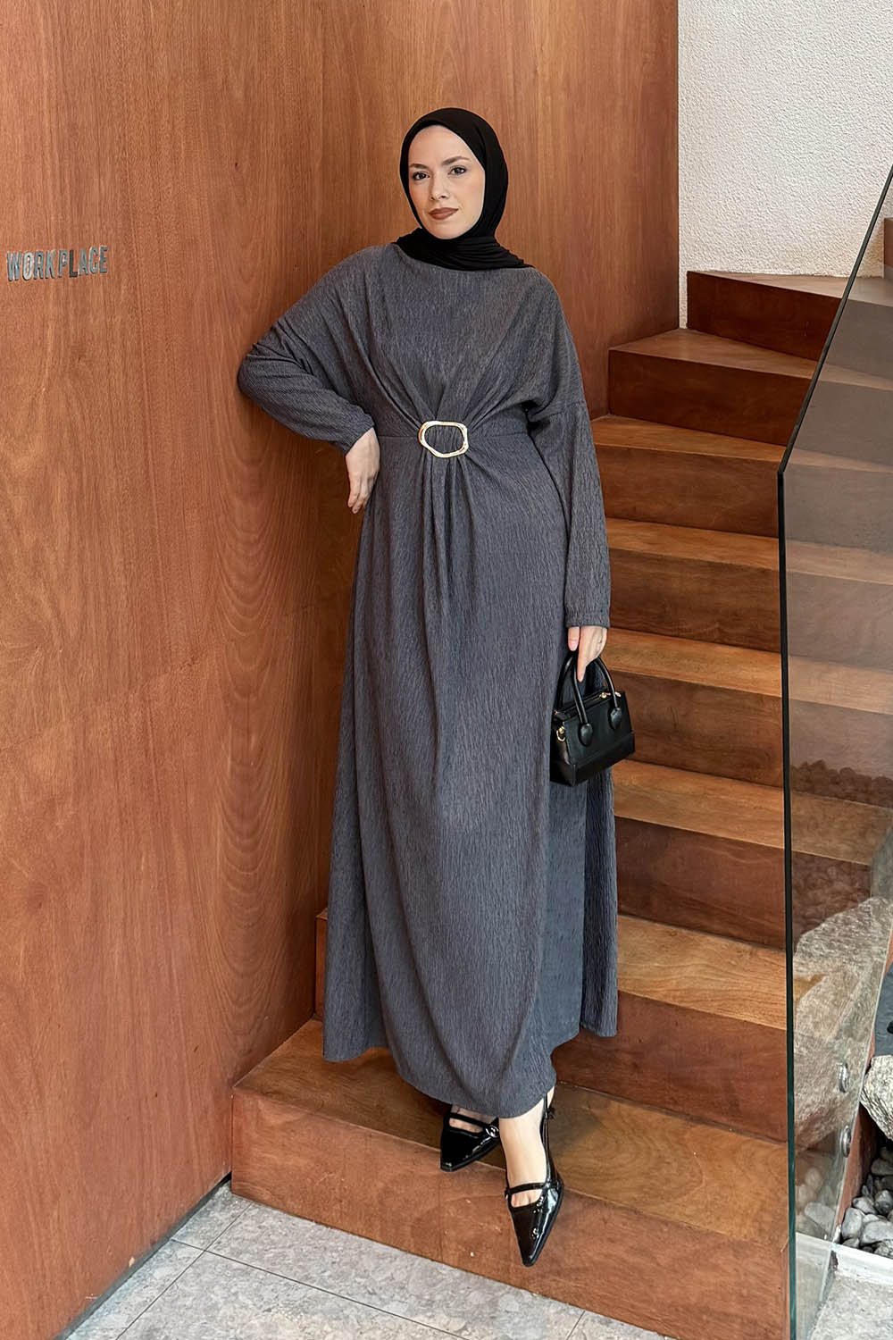 Lamelif Toka Detaylı Tesettür Elbise Antrasit