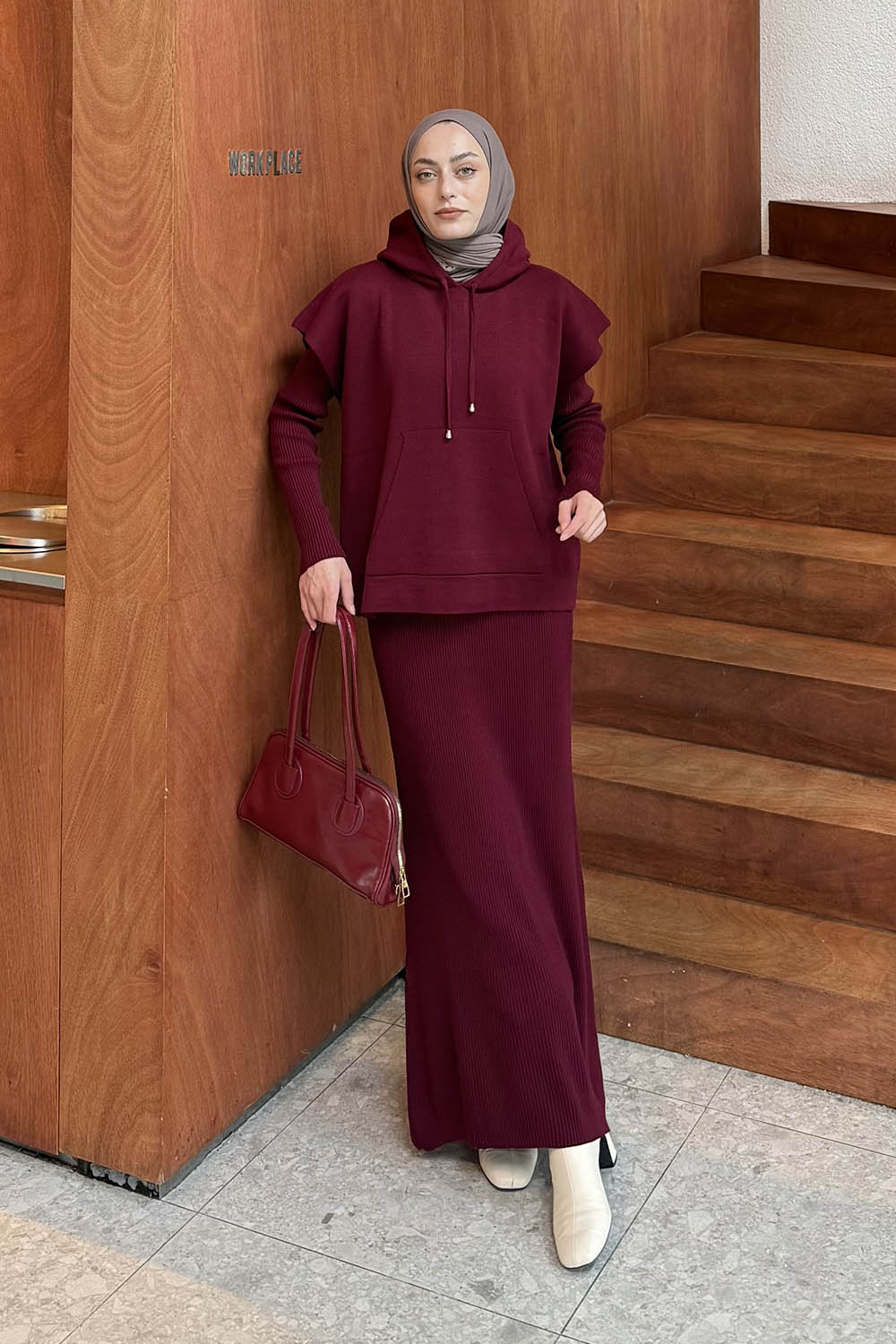 Lamelif Yelek-Jile İkili Triko Takım Bordo