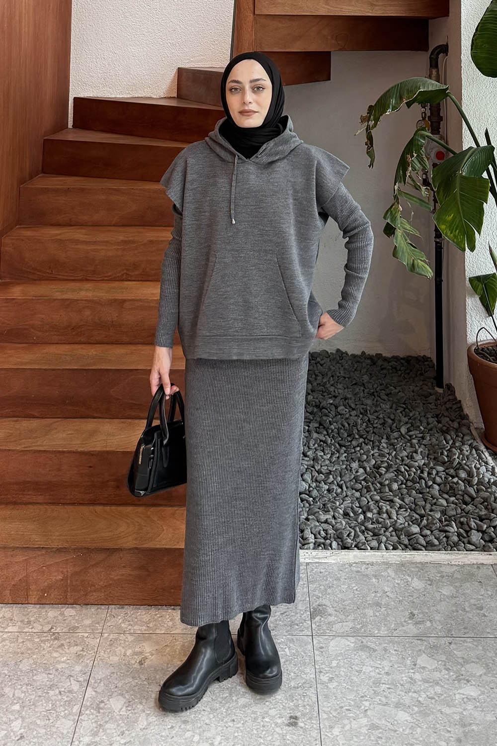 Lamelif Yelek-Jile İkili Triko Takım Gri