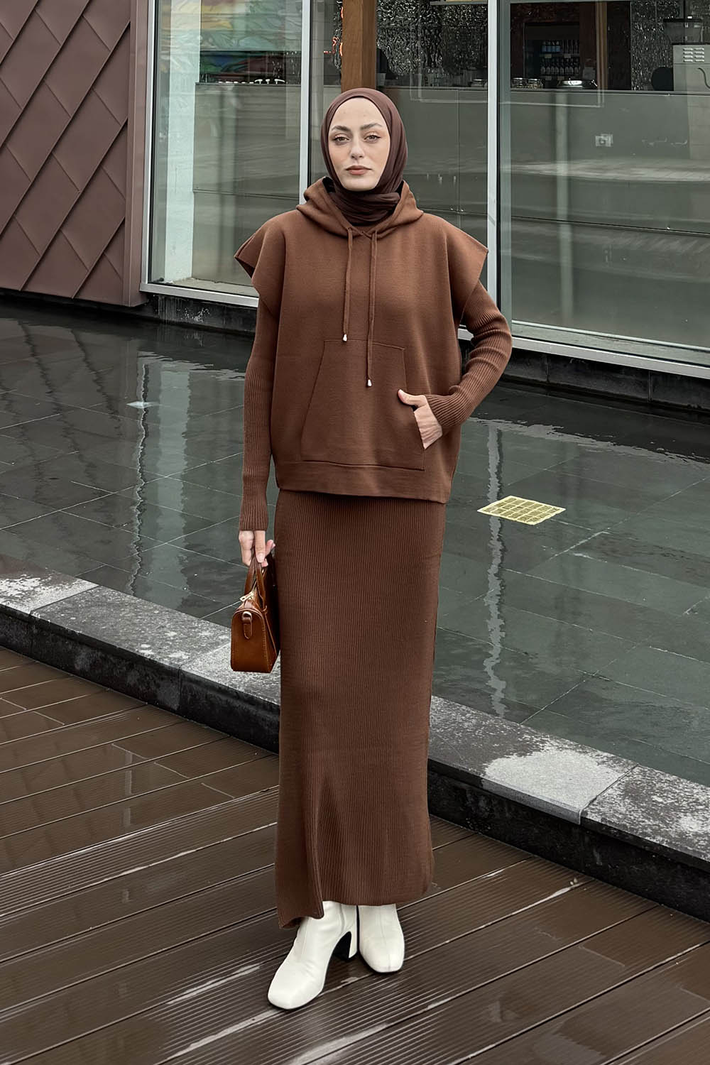 Lamelif Yelek-Jile İkili Triko Takım Kahverengi