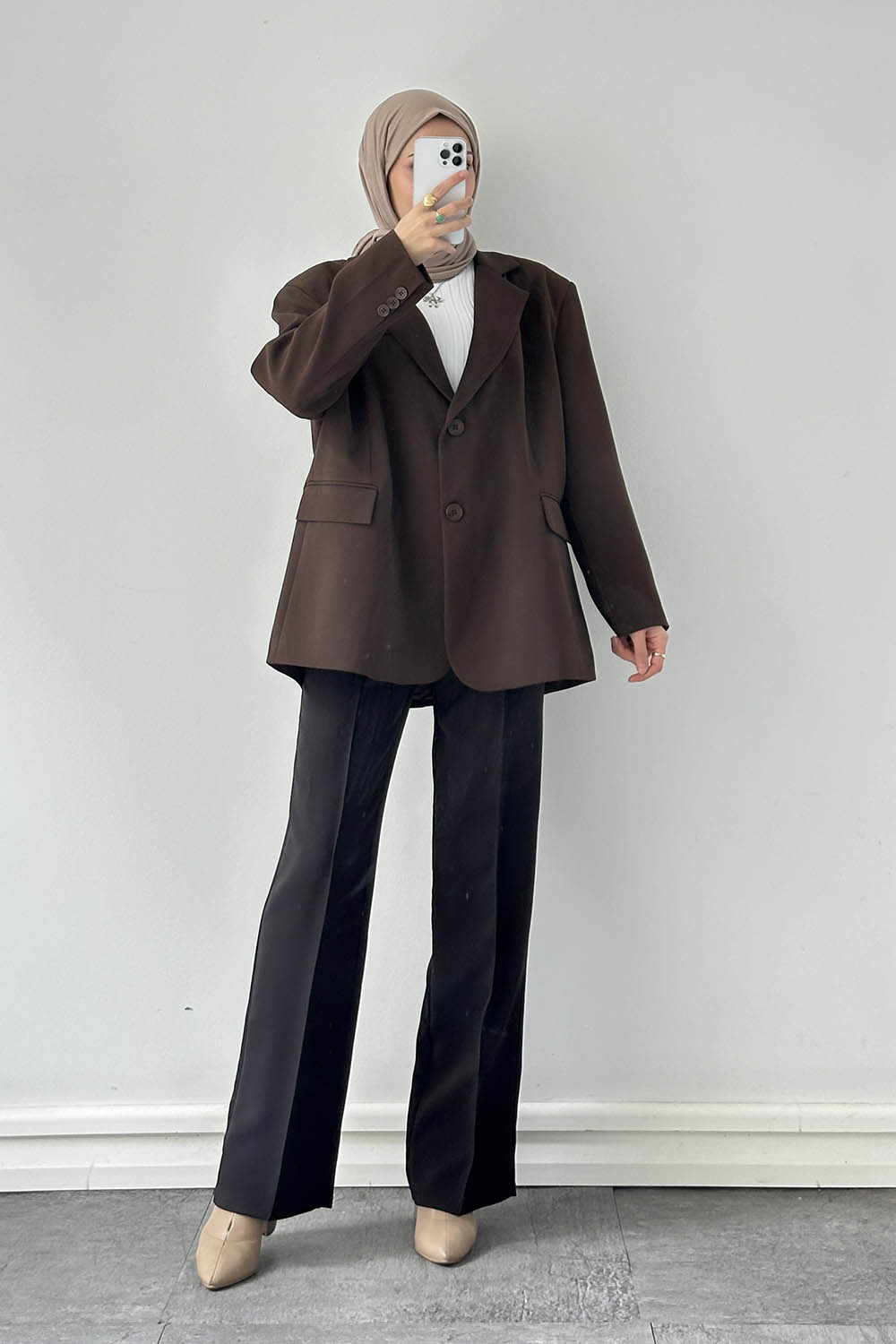 Lamelif Dekoratif Cep Detaylı Tesettür Ceket Acı Kahve