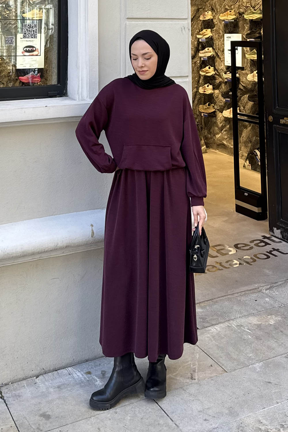 Lamelif Kanguru Cep Etekli İkili Takım Bordo