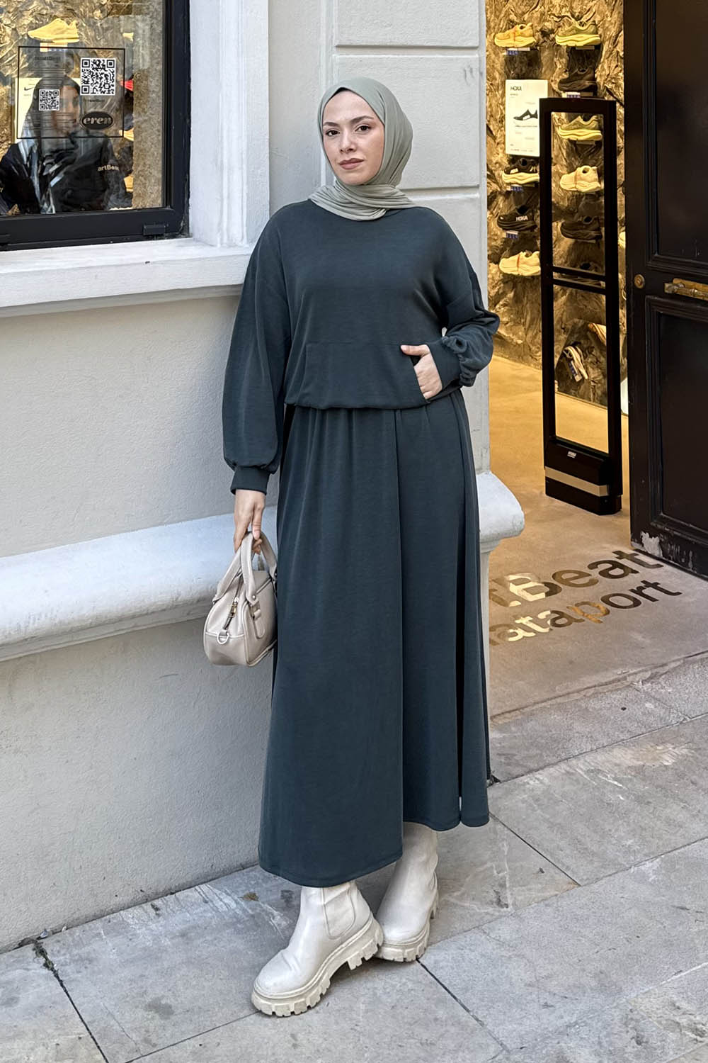 Lamelif Kanguru Cep Etekli İkili Takım Yeşil