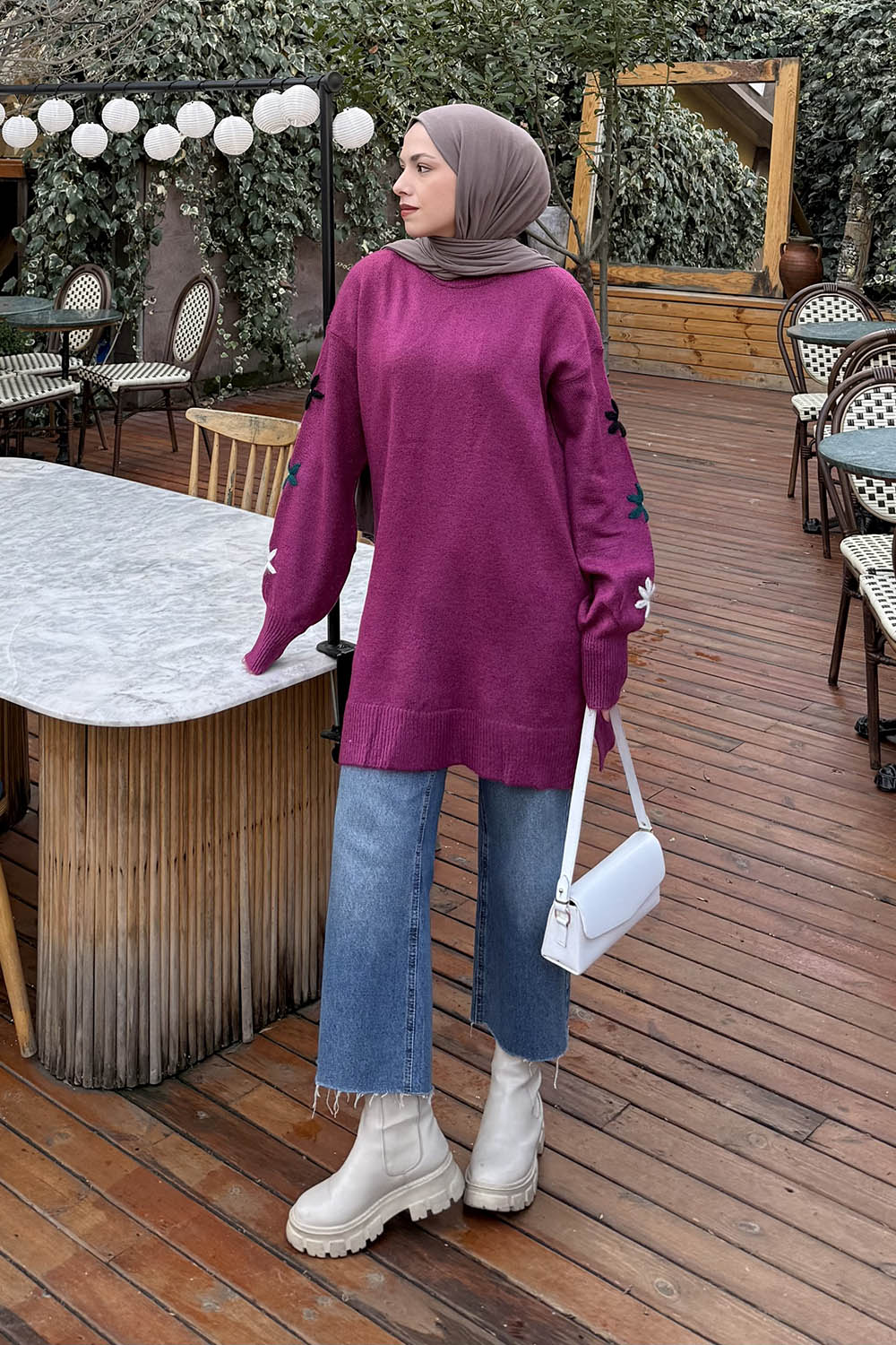 Lamelif Çiçek Detaylı Triko Kazak Fuşya