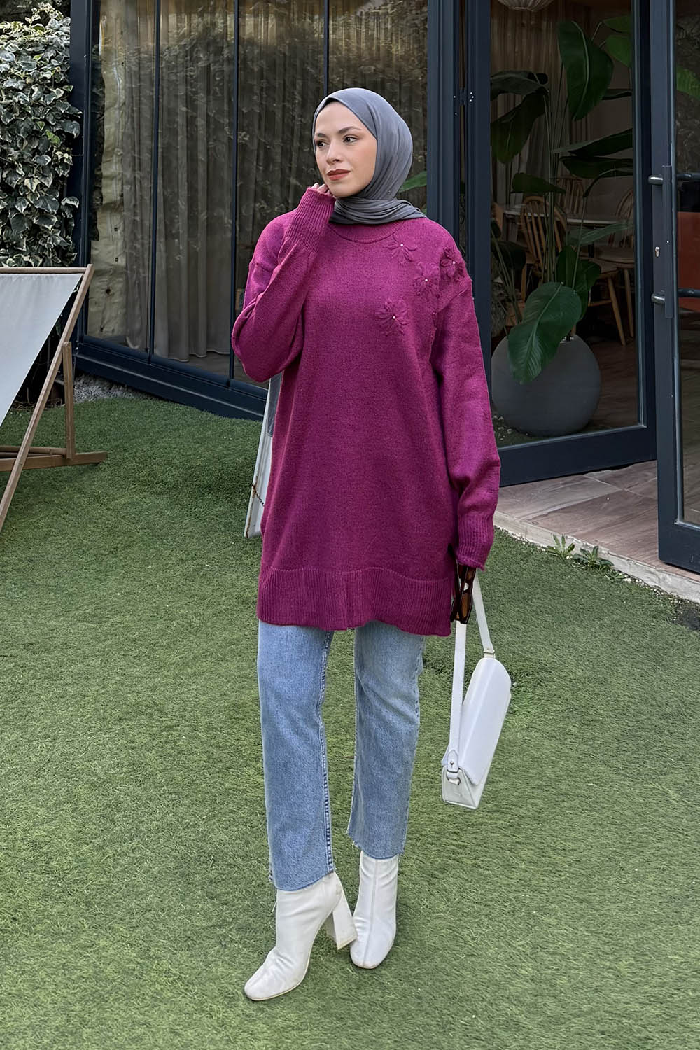 Lamelif Çiçek Detaylı Triko Kazak Fuşya