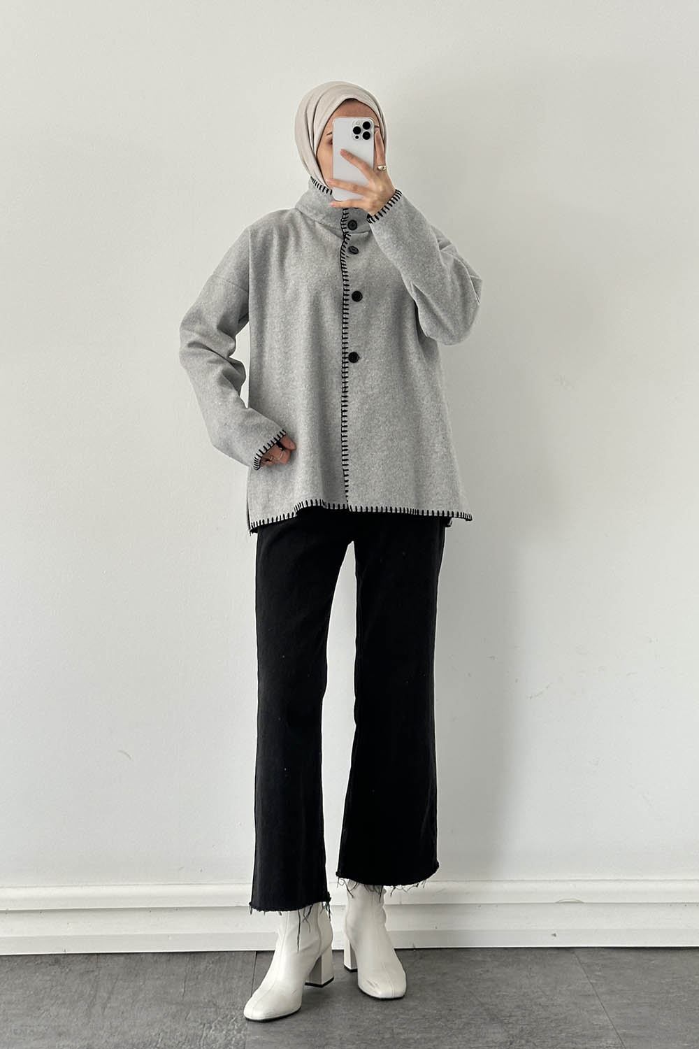 Lamelif Dikiş Detaylı Panço Gri