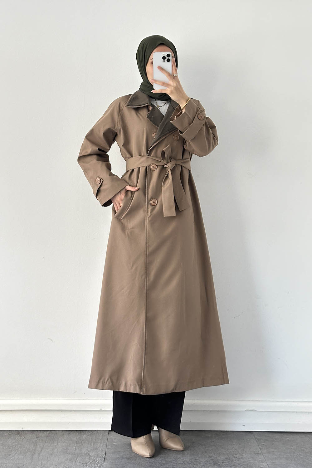 Camel Long Arm Belted Poplin Fabric Trench Coat