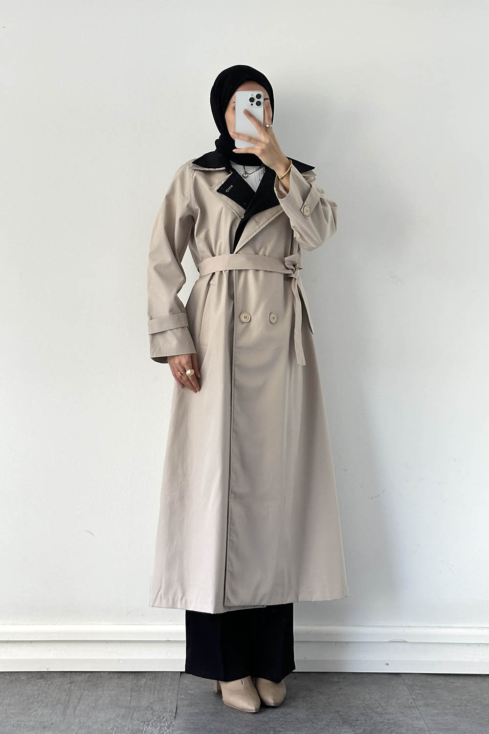 Sand Beige Long Arm Belted Poplin Fabric Trench Coat