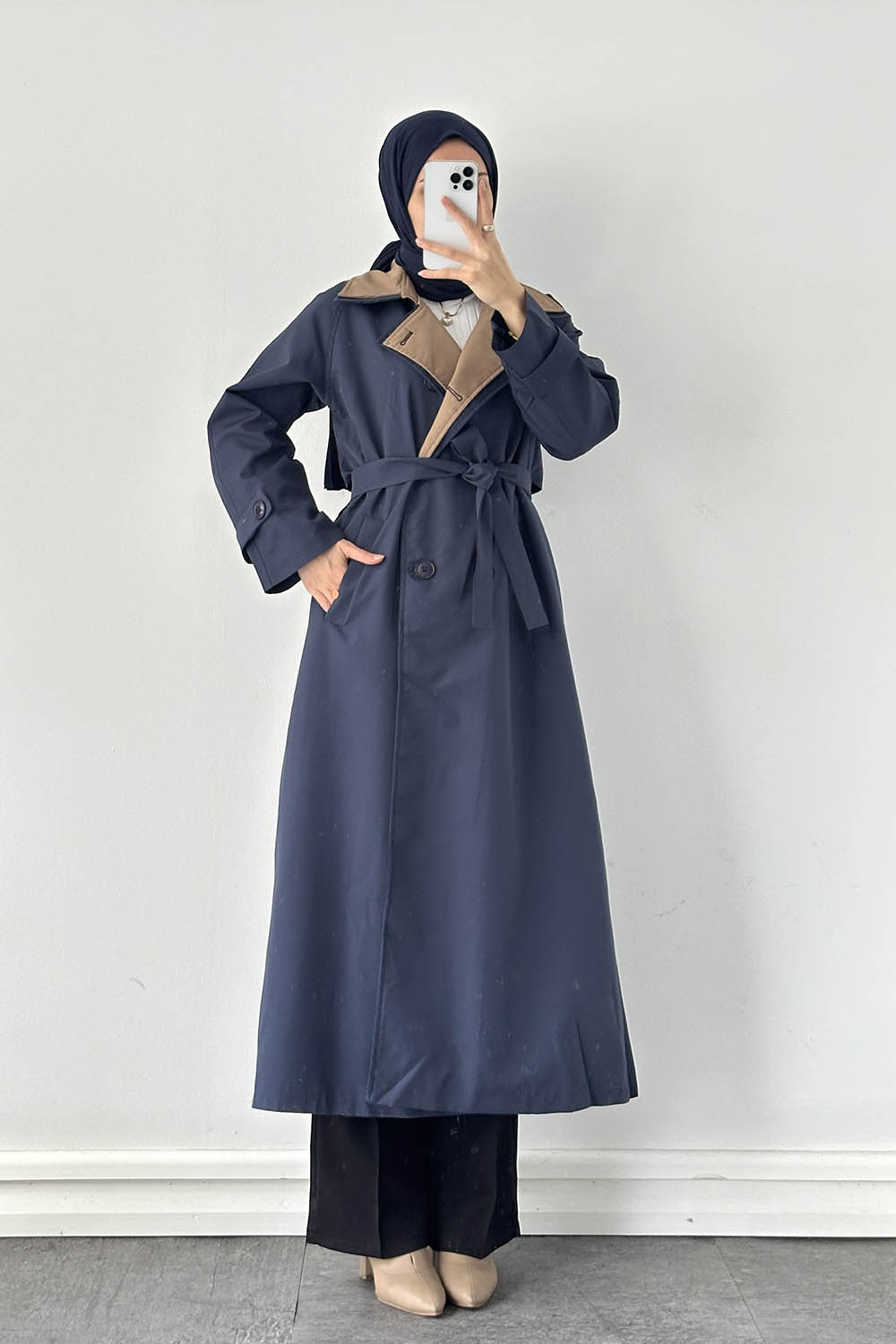 Lamelif Garnili Uzun Trenç Lacivert