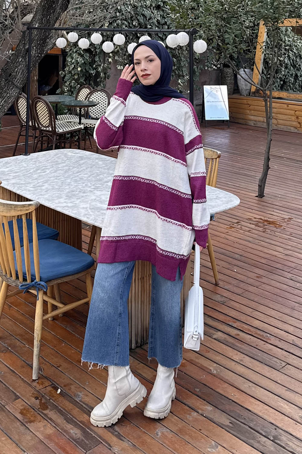 Lamelif Kalın Çizgili Kazak Fuşya