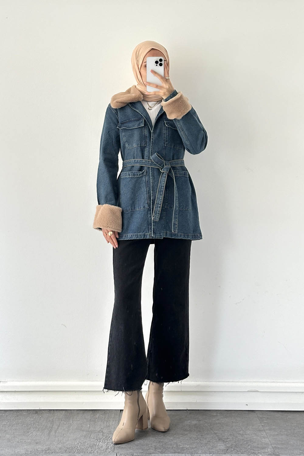 Lamelif Kürklü Denim Mont Kot Mavisi