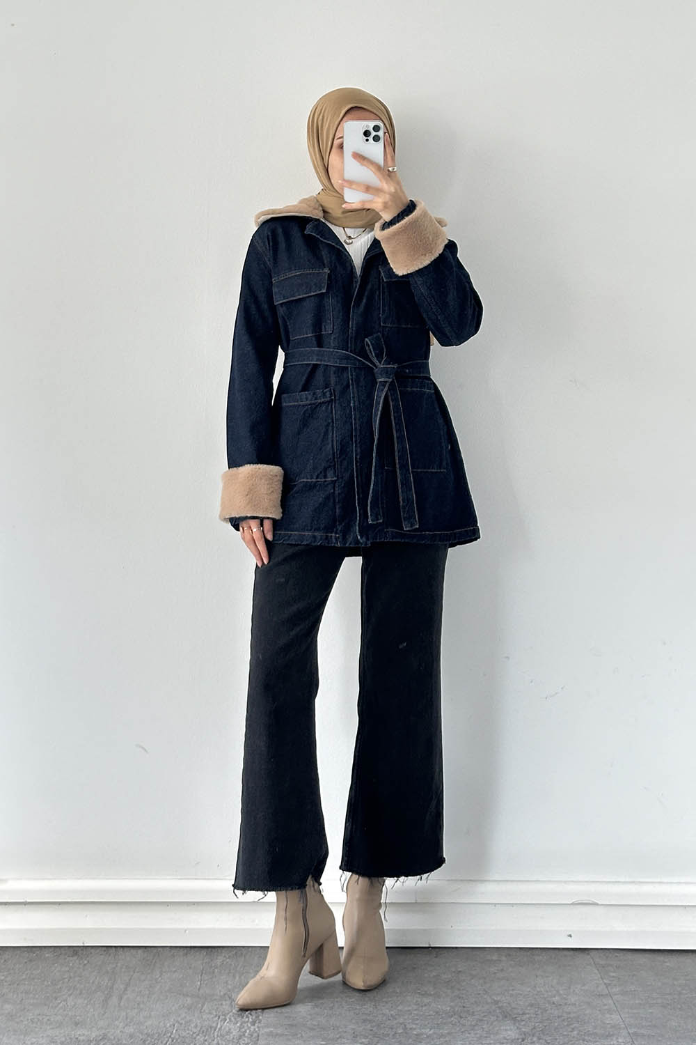 Lamelif Kürklü Denim Mont Koyu Mavi