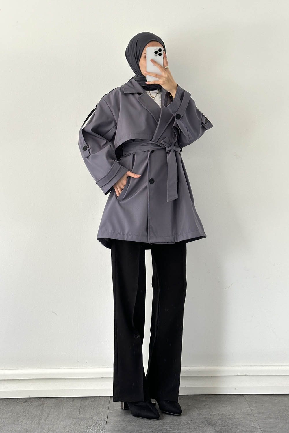 Lamelif Omuz Apoletli Trençkot Gri