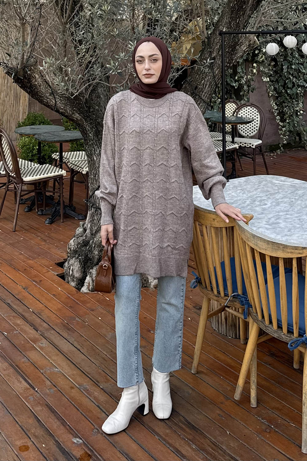 Lamelif Örgü Desen Uzun Kazak Vizonrengi