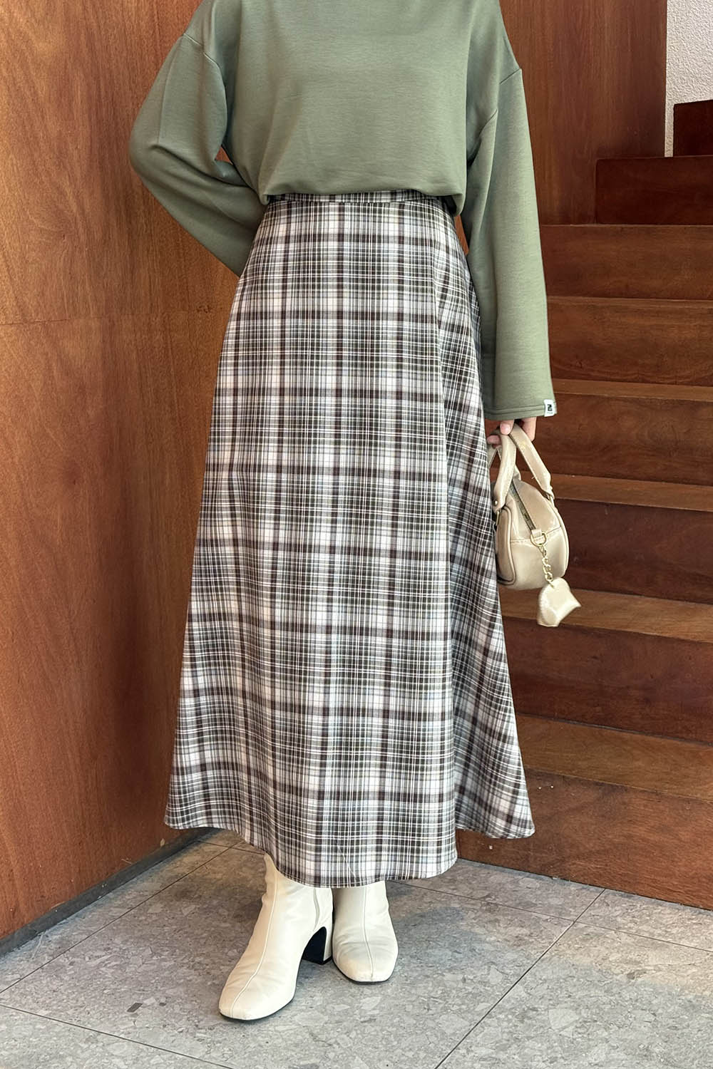 Lamelif Ekose Tesettür Etek Yeşil