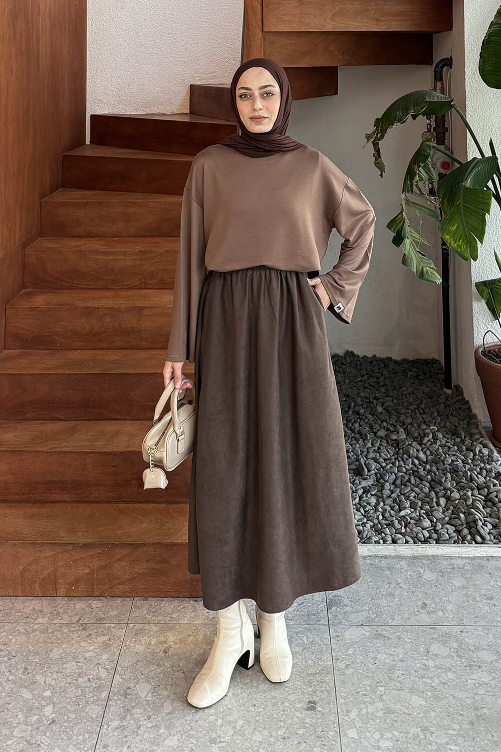 Lamelif Kol Armalı Sweatshirt Soft Kahve