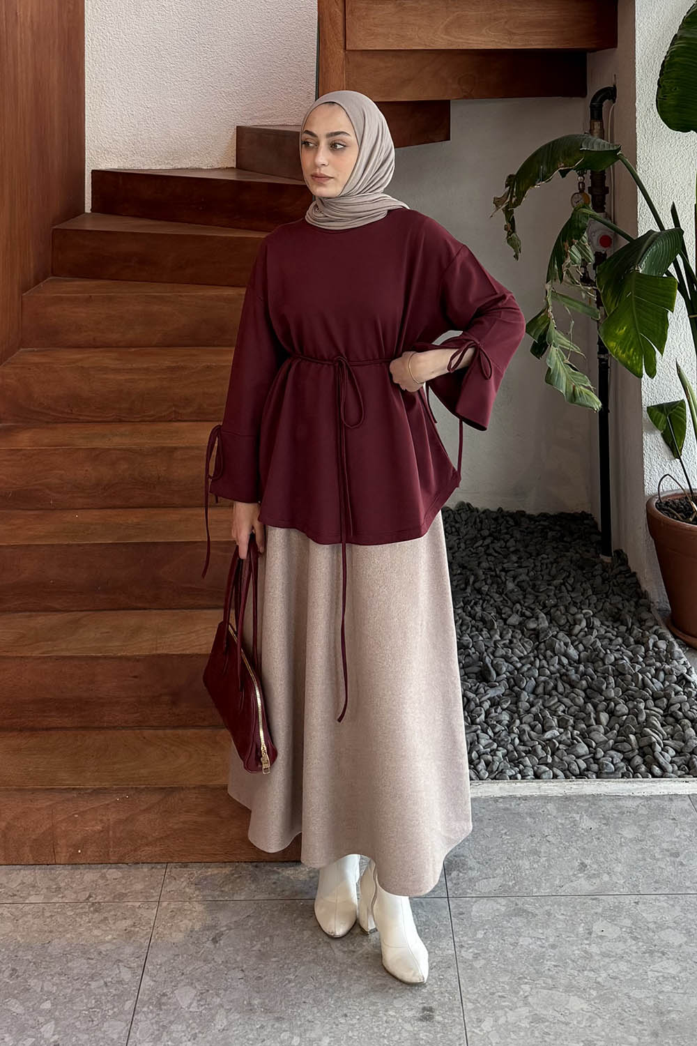 Lamelif Kol Biyeli Sweat Bordo