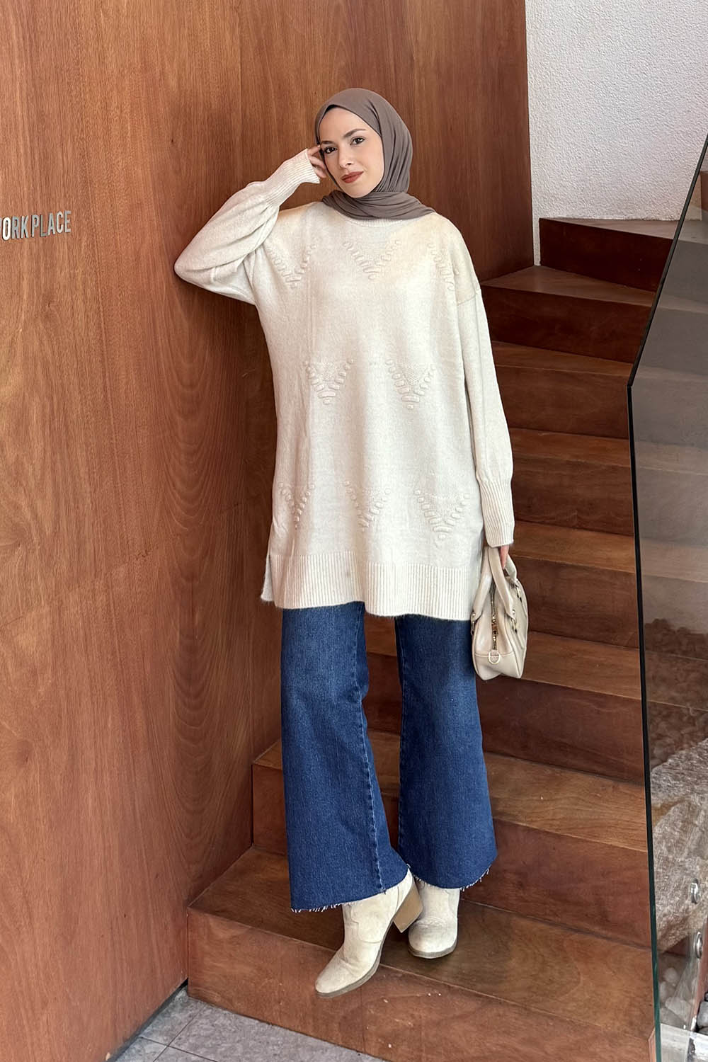 Lamelif Nakış Detaylı Triko Kazak Natural