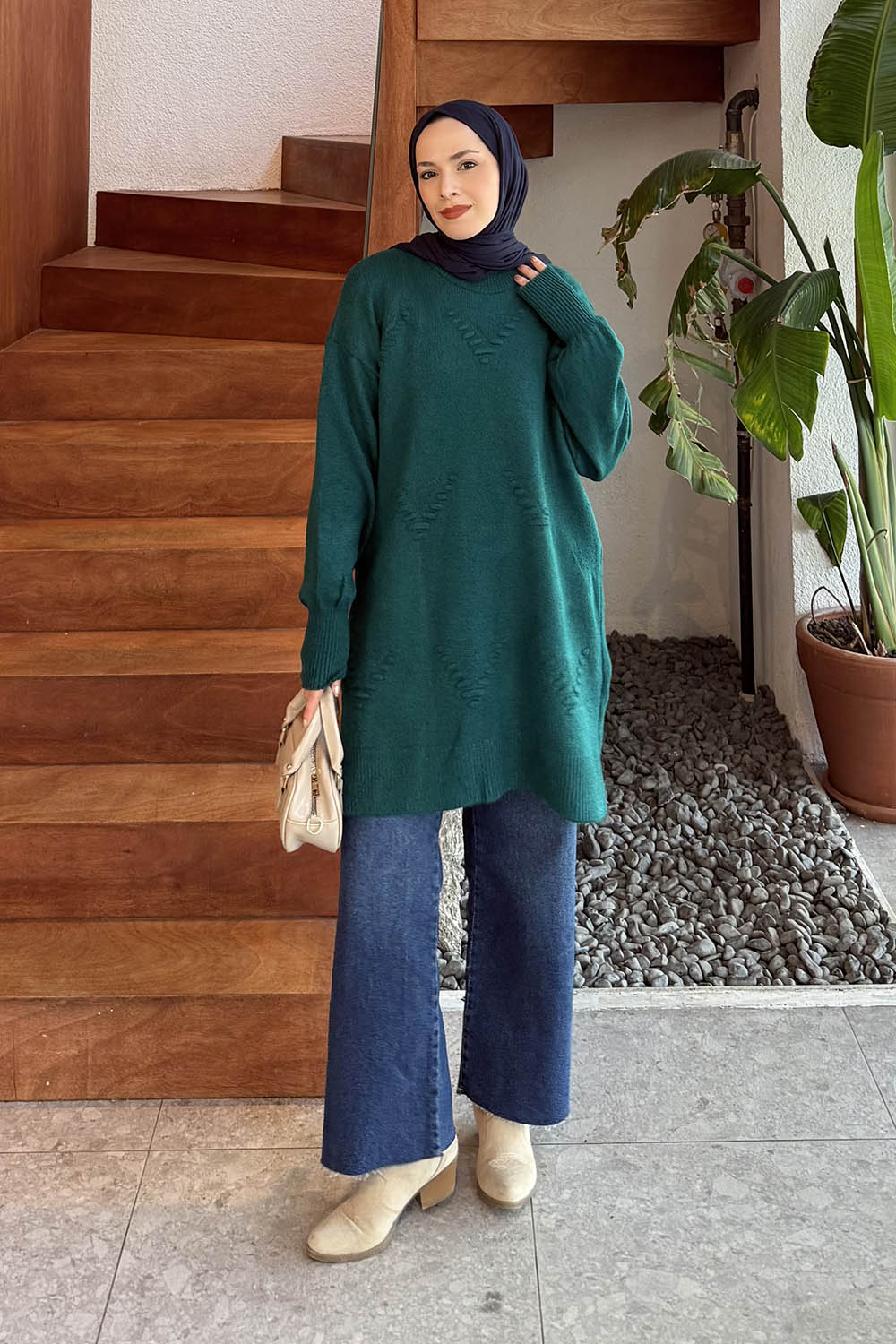 Lamelif Nakış Detaylı Triko Kazak Zümrüt