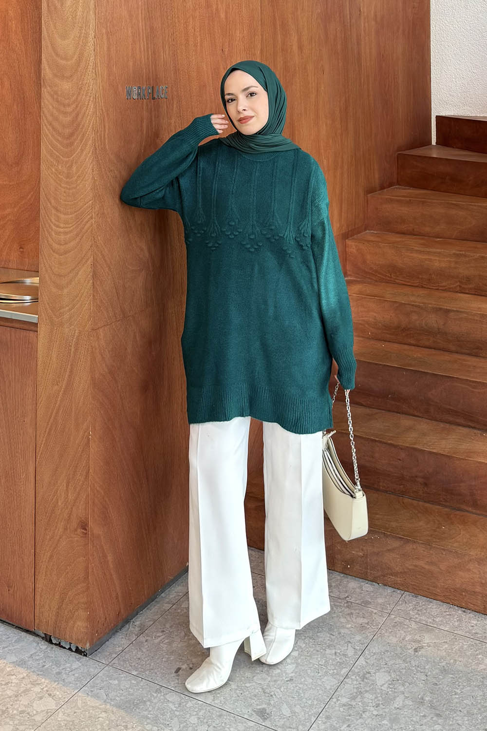 Lamelif Triko Tesettür Kazak Zümrüt