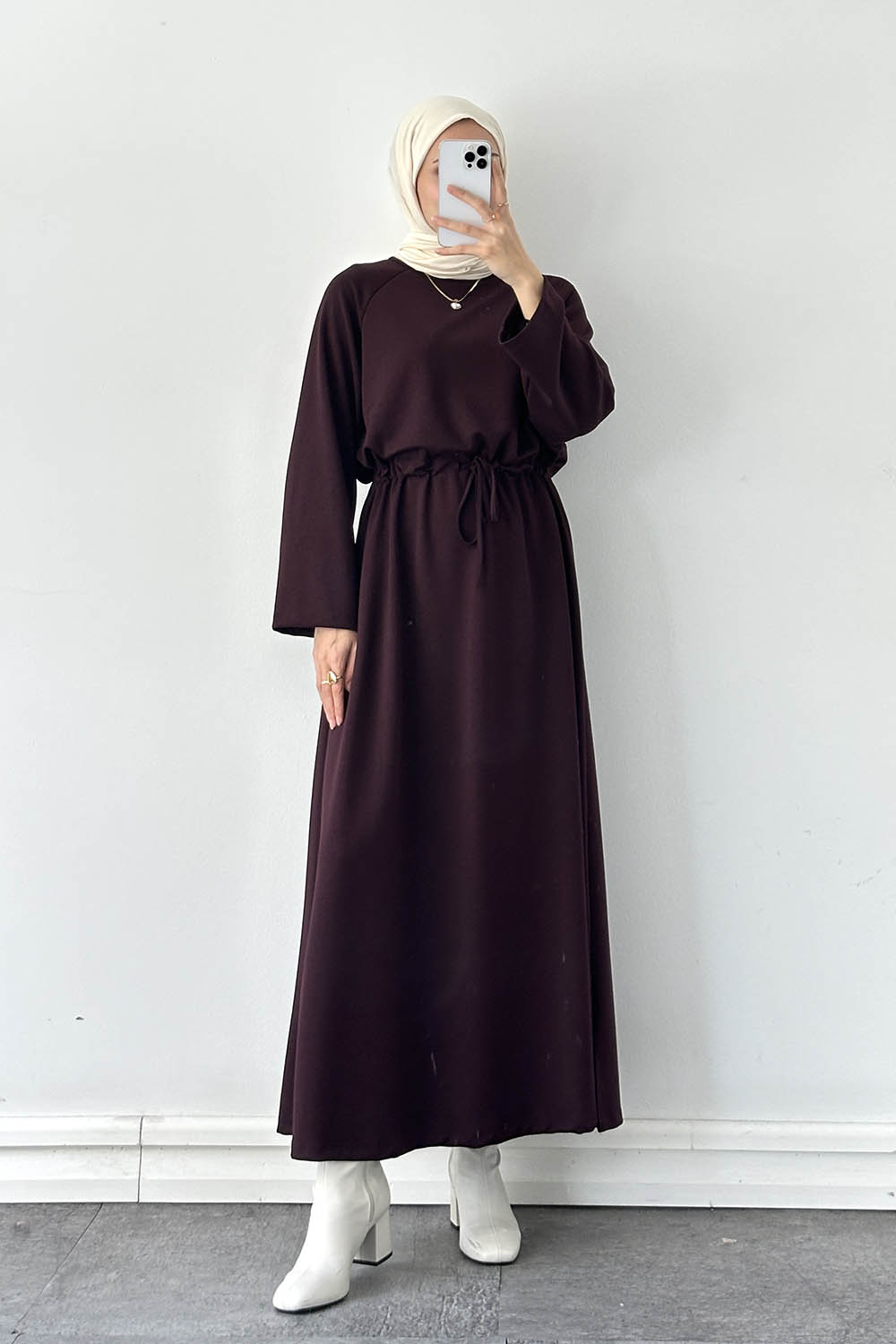 Lamelif Bel Tünel Detaylı Elbise Bordo