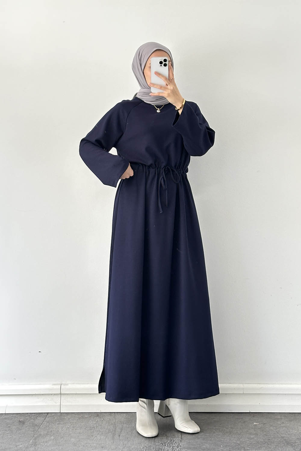 Lamelif Bel Tünel Detaylı Elbise Lacivert