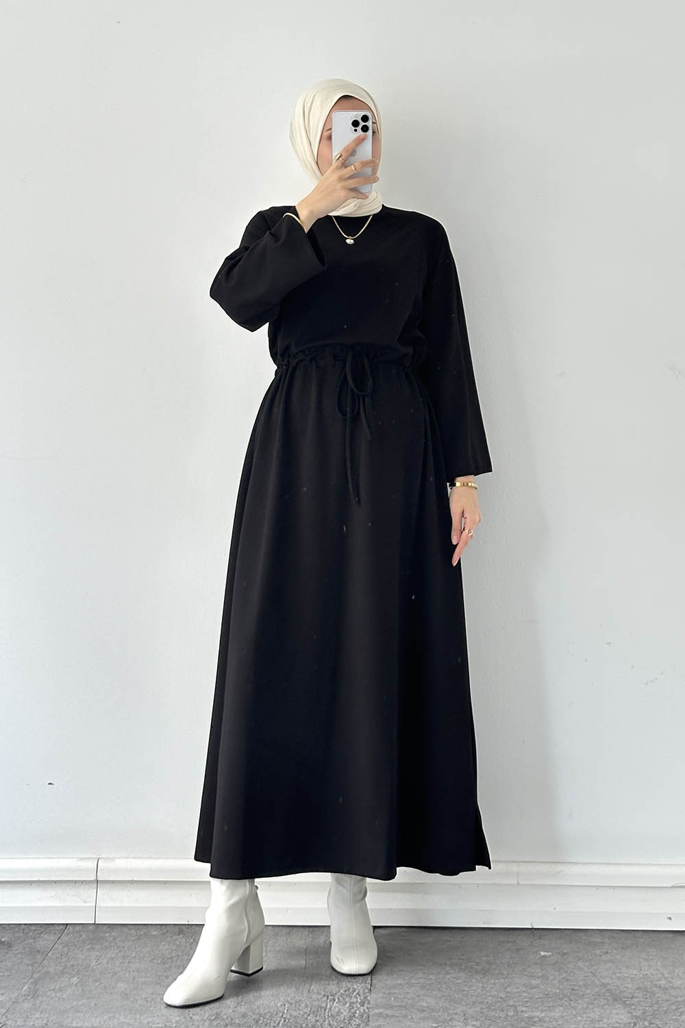 Lamelif Bel Tünel Detaylı Elbise Siyah