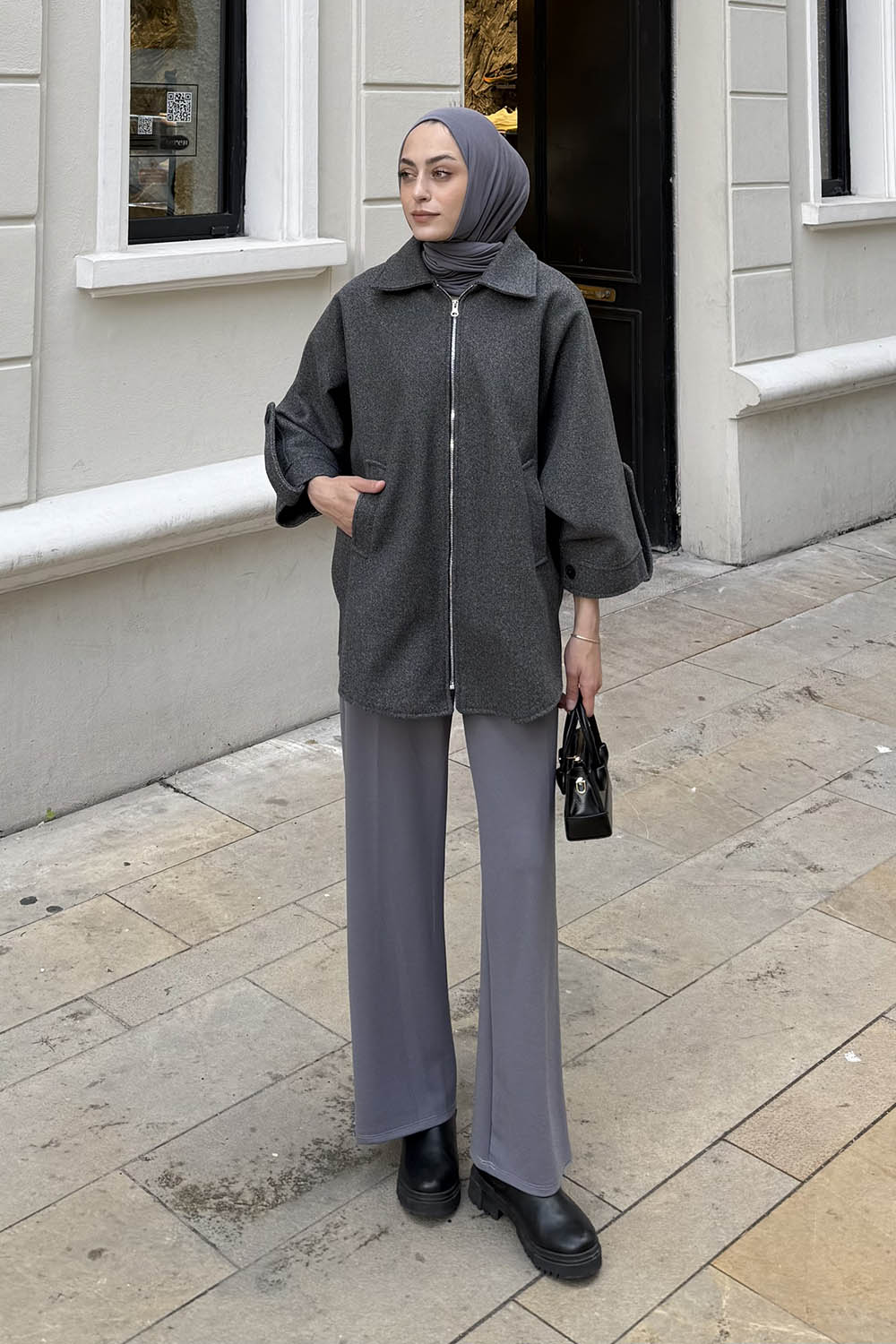 Lamelif Fermuarlı Kaşe Kaban Antrasit