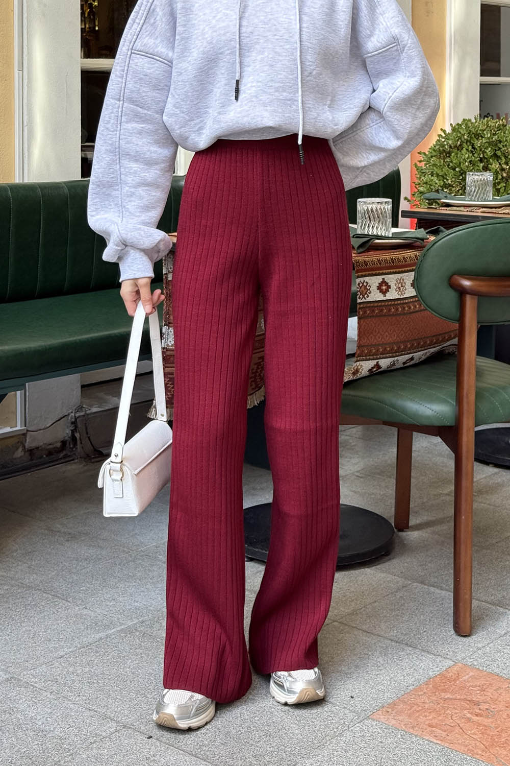 Lamelif Fitilli Triko Pantolon Bordo