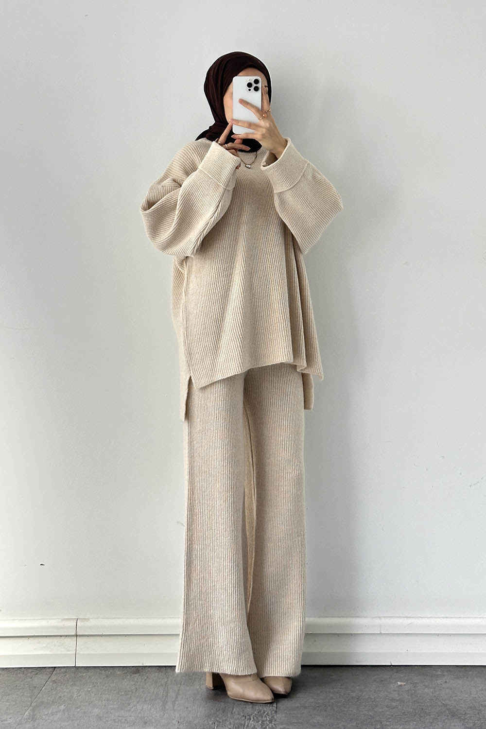 Lamelif Fitilli Triko Takım Taş Rengi