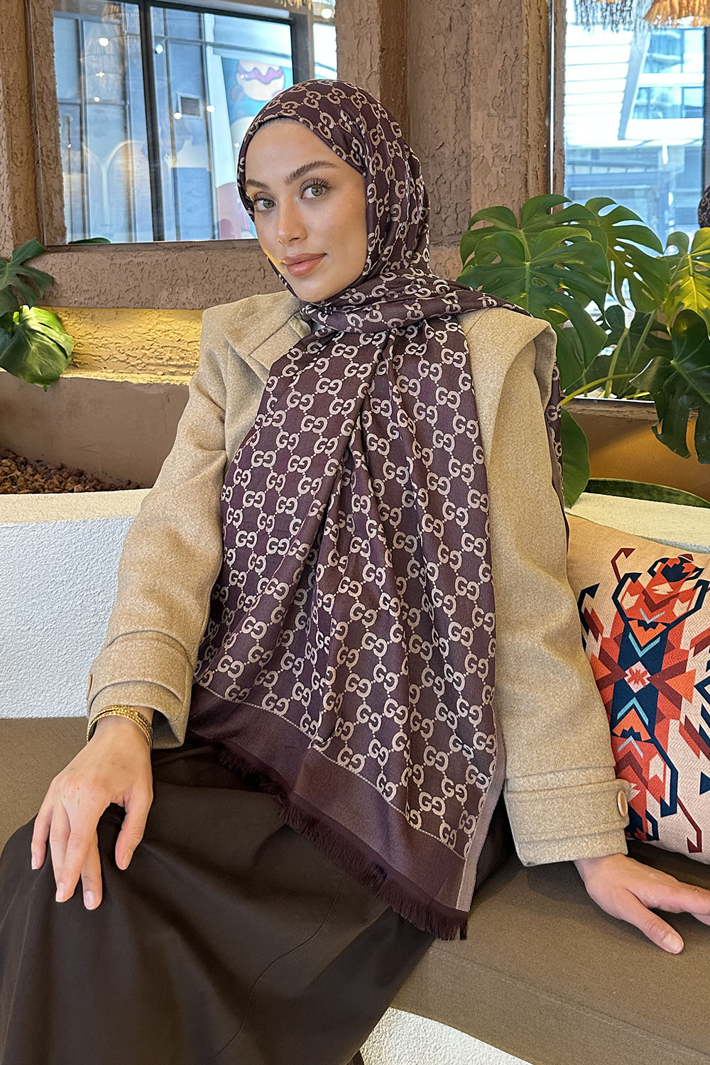 Lamelif G Desen Kaşmir Çift Taraflı Şal Mürdüm