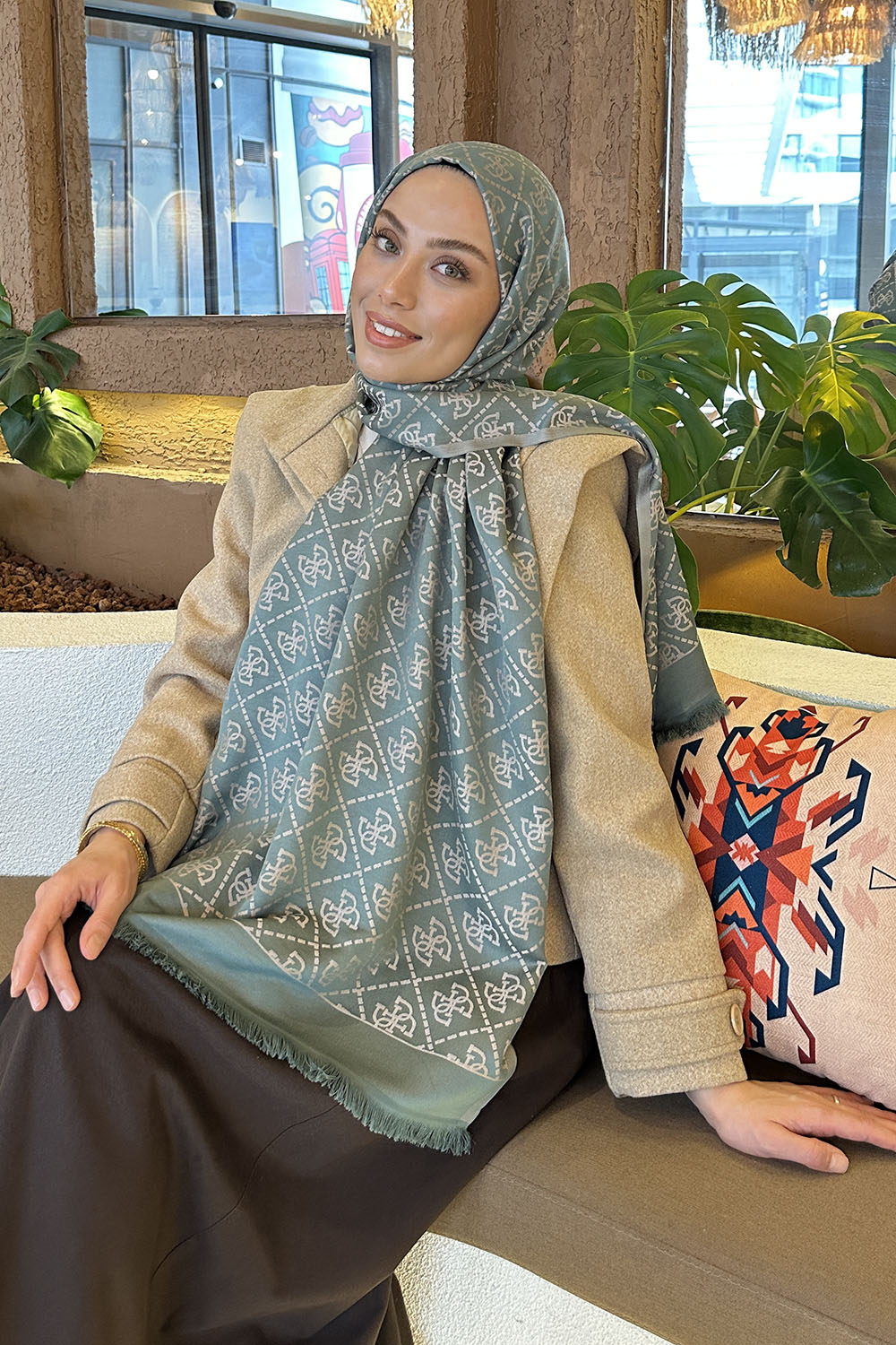 Plum Green Cotton Fabric Striped Shawl