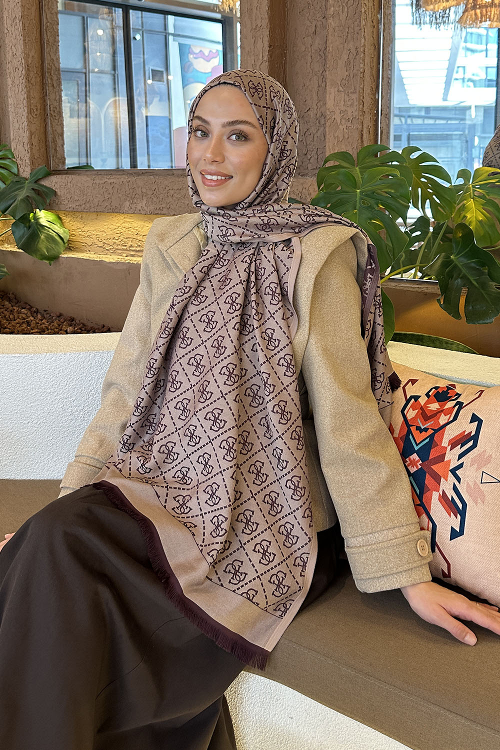 Plum Cotton Fabric Striped Shawl