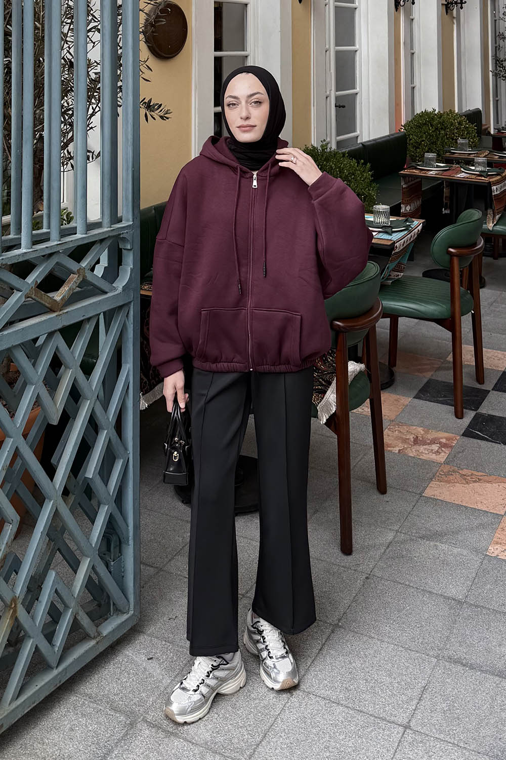 Lamelif Kanguru Cep Fermuarlı Sweatshirt Mürdüm