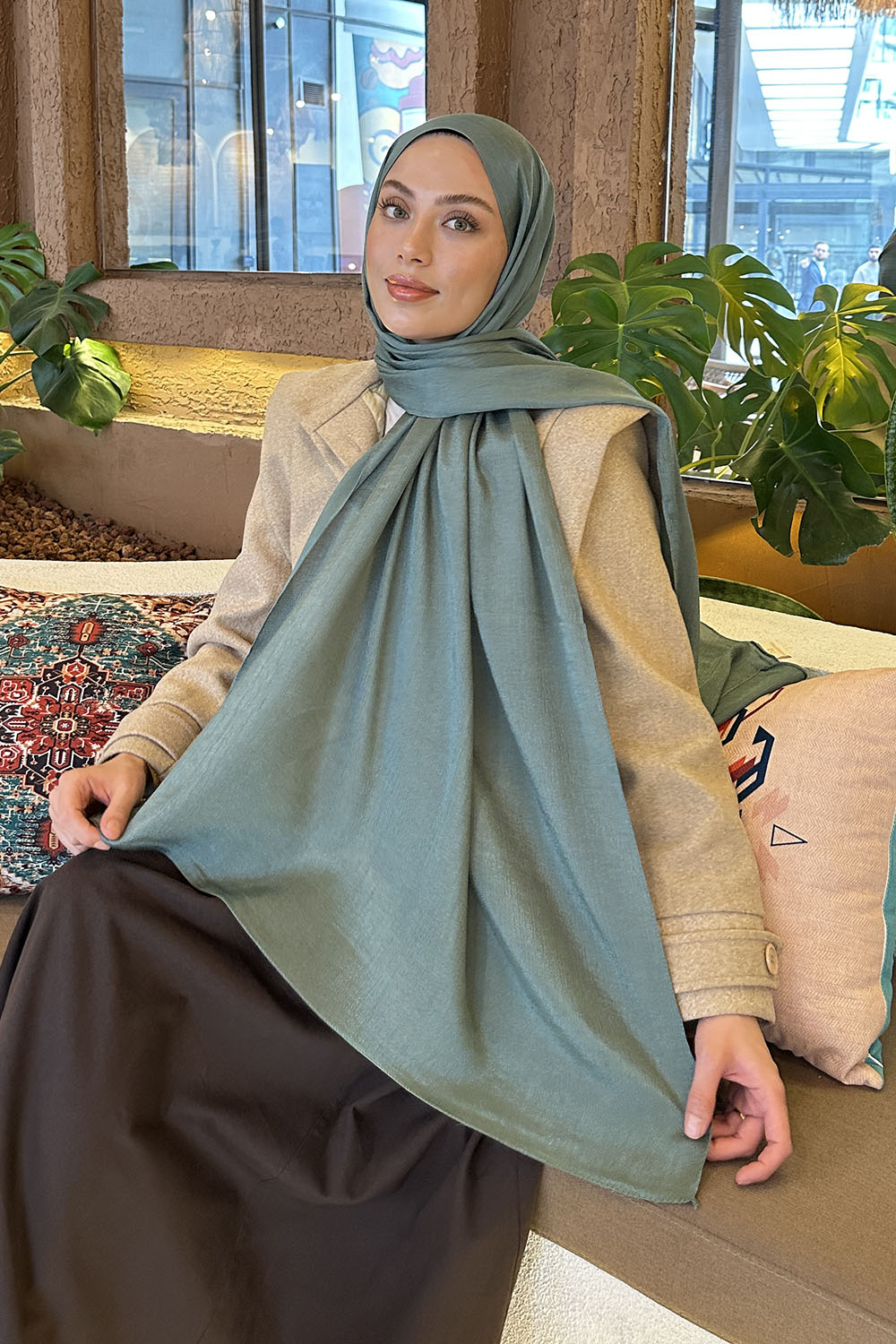 Plum Green Cotton Straight Shawl