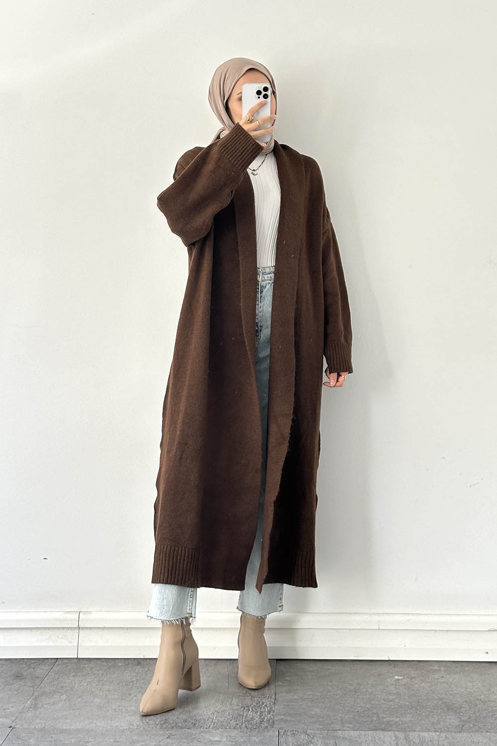 Lamelif Uzun Tesettür Hırka Kahverengi