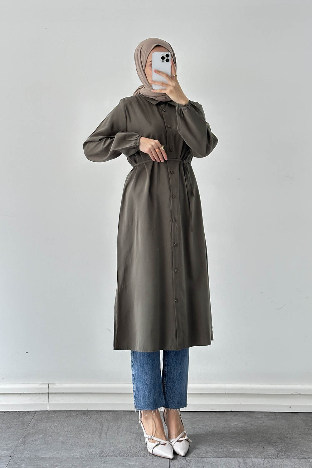 Khaki Shirt Collar Cupra Tunic