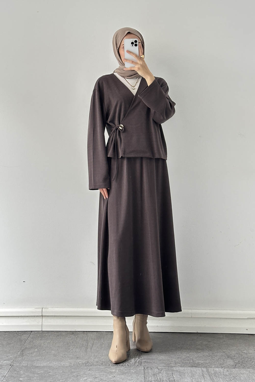 Lamelif Bağlama Detaylı Etekli Takım Kahve